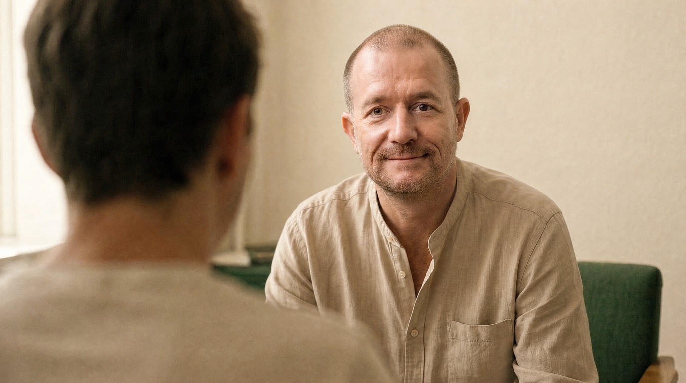 Mike Akar im beigen Hemd sitzt einer Führungskraft gegenüber und sieht sie an, die zweite Person nur von hinten angeschnitten