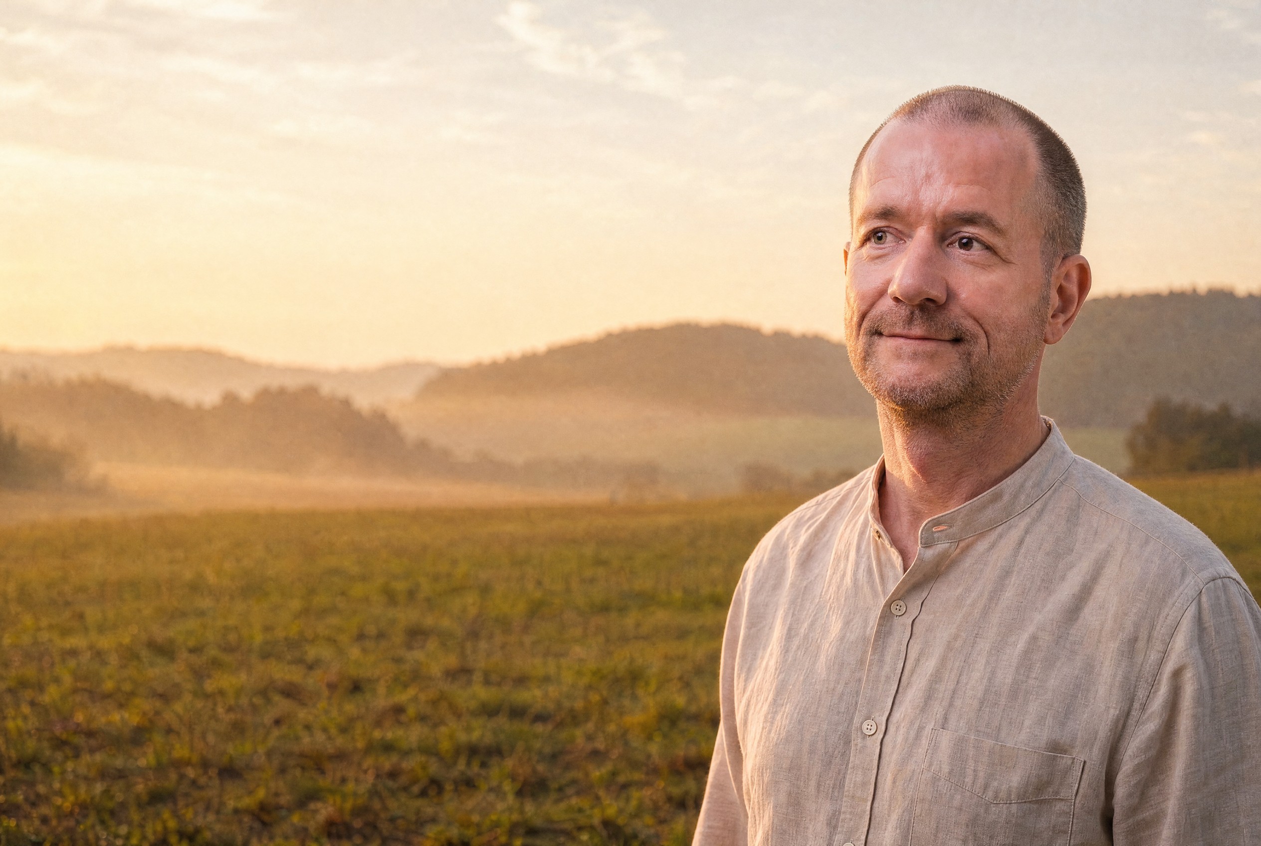 Mike Akar im beigen Hemd steht am frühen Morgen in einer weiten, offenen Landschaft mit Dunst über dem Horizont
