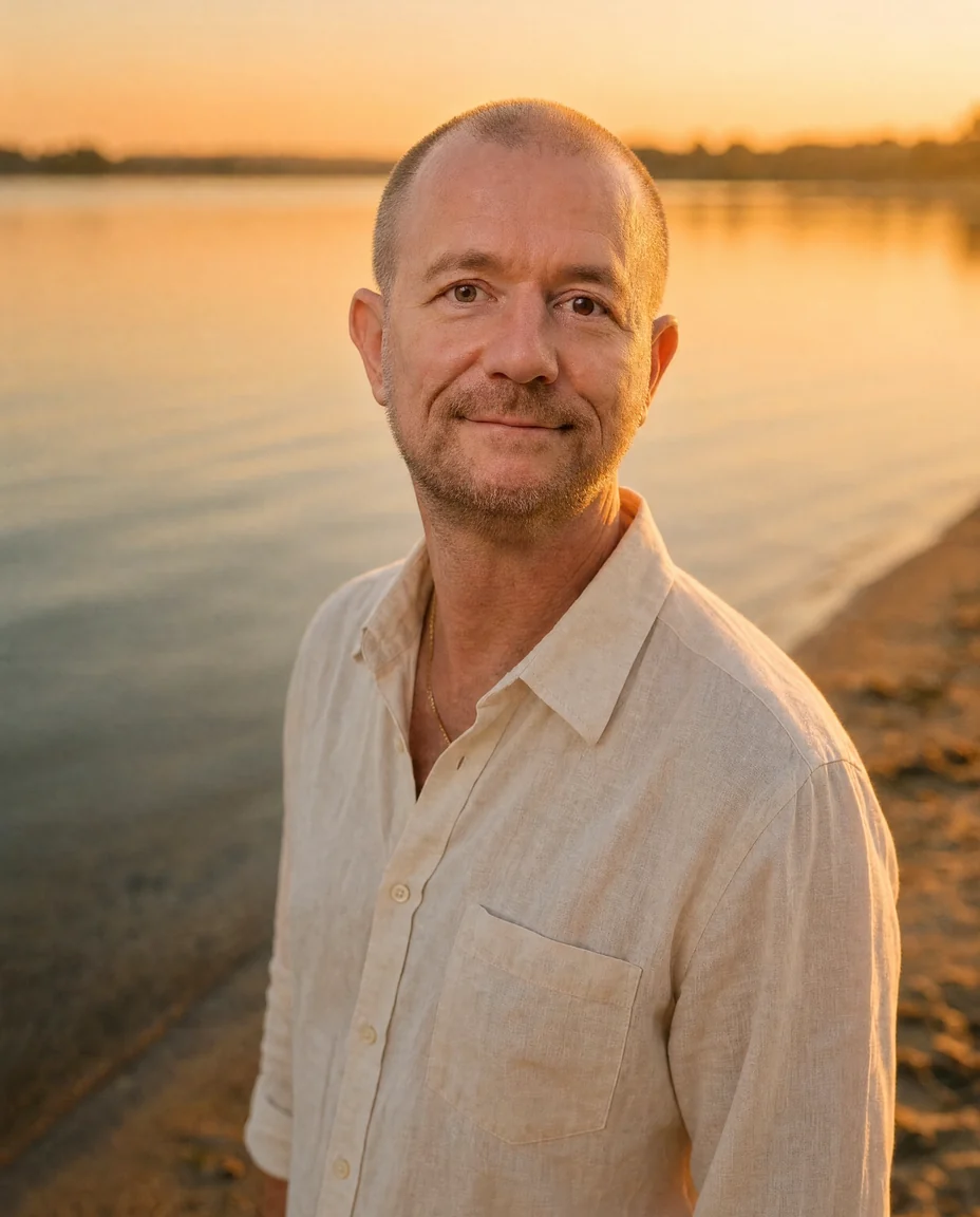 Mike im warmen Morgenlicht am Wasser