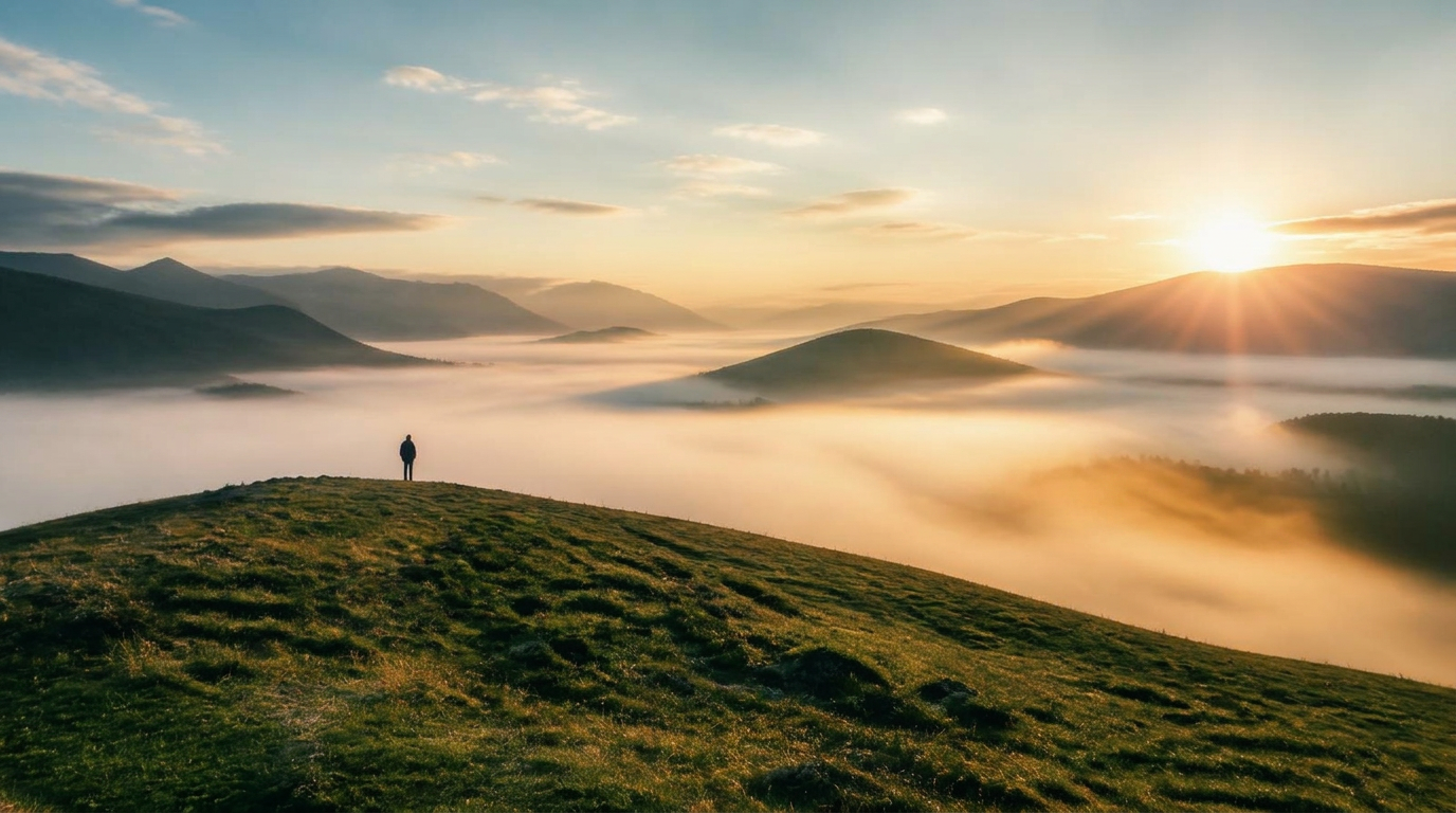 Weite Hügellandschaft im Morgenlicht über dem Nebel
